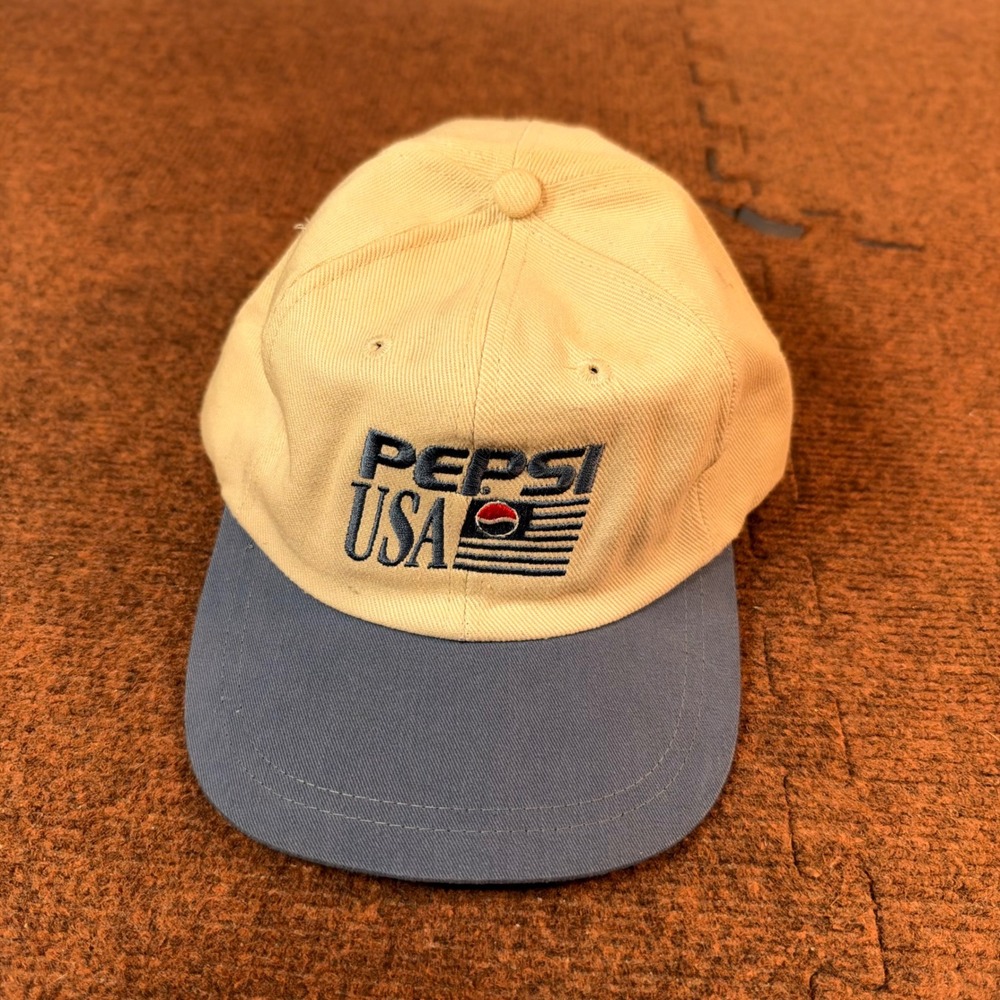 Pepsi USA Hat Mens Adjustable Strapback Two Tone Tan Blue Cotton Soda Promo Cap